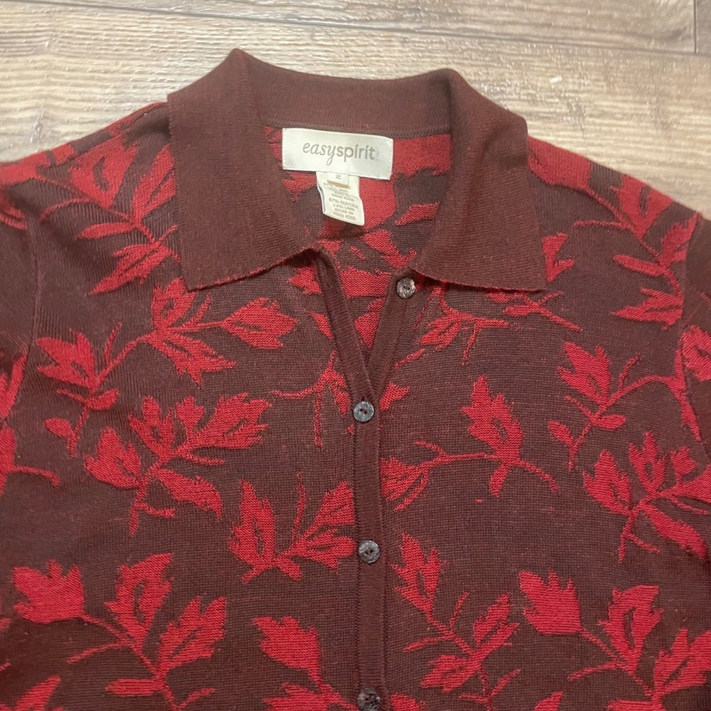 Easy Spirit Women's Burgundy Red Floral‎ Knit Button Up Cardigan Sweater Size 2